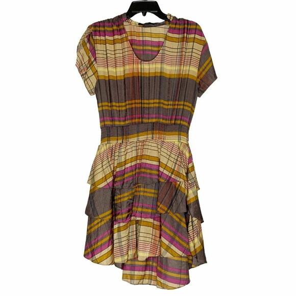 Vertigo Brown Tan Striped Dress Layered Skirt Ruffles Split Sleeves Large - Picture 7 of 7